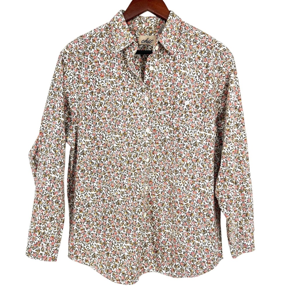 Chic Womens Size Large Floral Gardening Button Down Blouse Shirt Top Summer